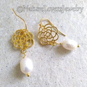 Bougie & Boho! Golden Floral & Genuine Pearl Earrings - Soft Feminine Essence